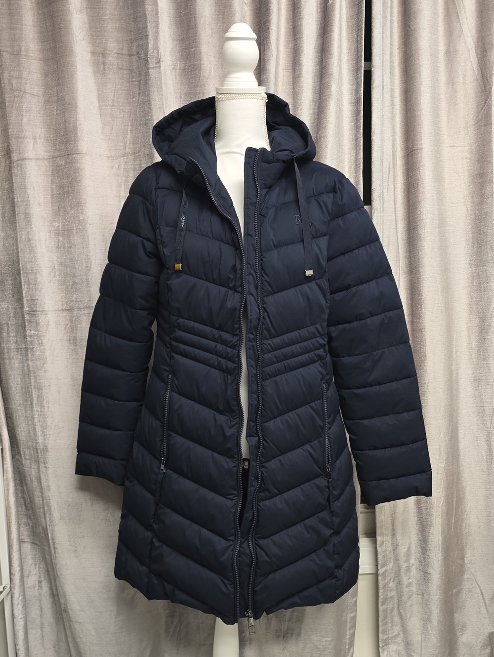 Lauren Ralph Lauren Navy Chevron Quilted Hooded Puffer Coat LRL Jacket Size L